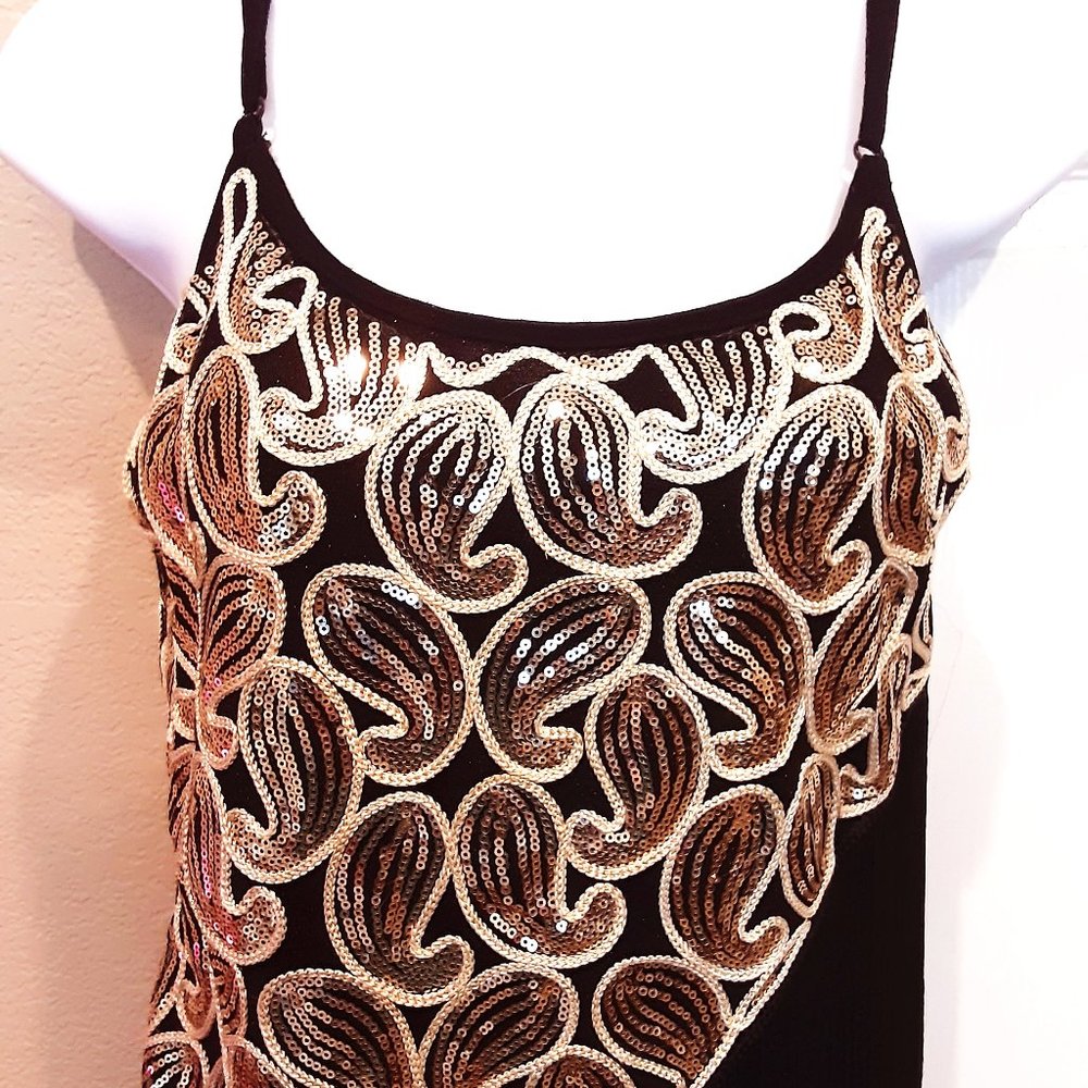 Outstanding  gold and black paisley cocktail fringe little black dress